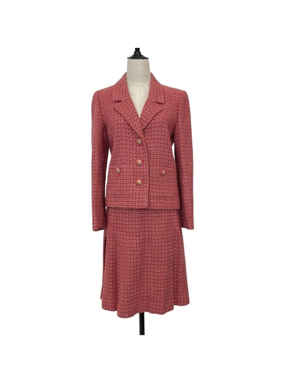 Chanel Lion Button Tweed Jacket Skirt Set Suit 38 Pink Multicolor